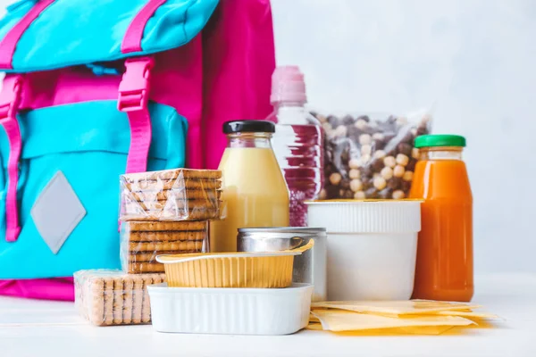 Schoolbag Different Products Table Concept Backpack Food Program — Stock Photo, Image