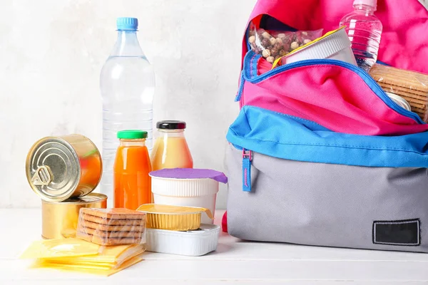 Schoolbag Different Products Table Concept Backpack Food Program — Stock Photo, Image