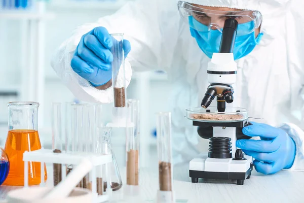 Científico Estudiando Muestras Suelo Laboratorio — Foto de Stock