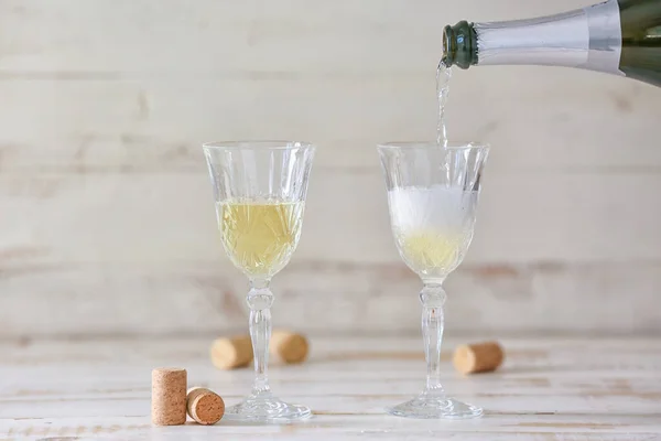 Pouring Champagne Glasses Table — Stock Photo, Image