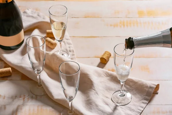Pouring Champagne Glasses Table — Stock Photo, Image