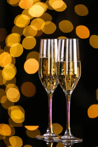 Glasses Tasty Champagne Dark Background Blurred Lights — Stock Photo, Image