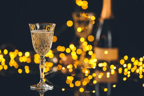 Glass Tasty Champagne Dark Background Blurred Lights — Stock Photo, Image