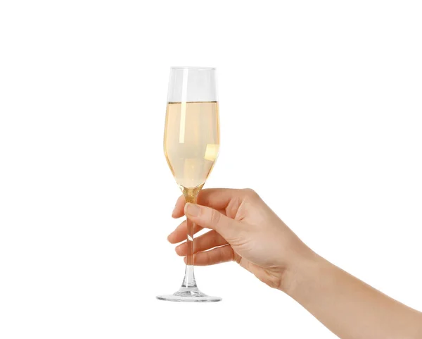Kvinna Hand Med Glas Champagne Vit Bakgrund — Stockfoto