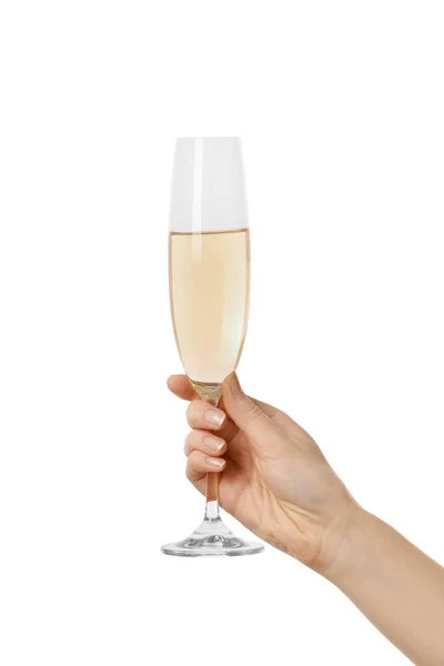 Mano Femminile Con Bicchiere Champagne Sfondo Bianco — Foto Stock