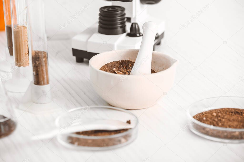 Samples of soil on table in laboratory