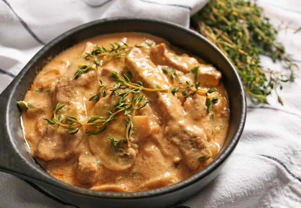 stock image Tasty beef stroganoff on table