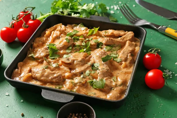 Tasty Beef Stroganoff Color Background — Stock Photo, Image