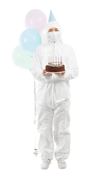 Asian Man Biohazard Suit Birthday Cake White Background Concept Epidemic — Stock Photo, Image