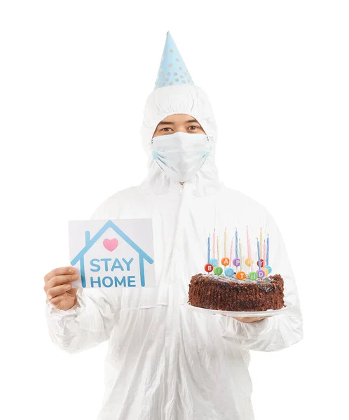 Asian Man Biohazard Suit Birthday Cake White Background Concept Epidemic — Stock Photo, Image