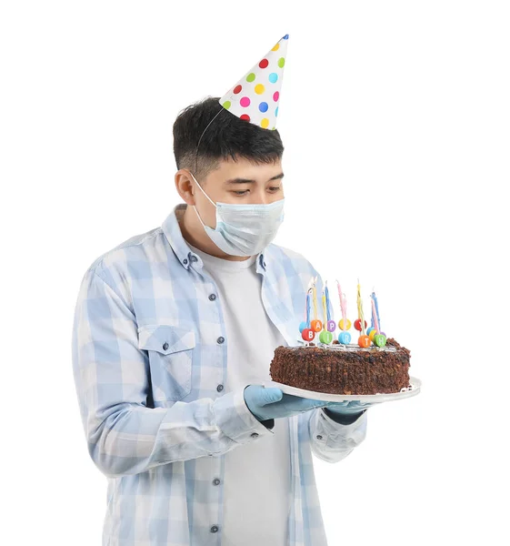 Asian Man Protective Mask Birthday Cake White Background Concept Epidemic — Stock Photo, Image