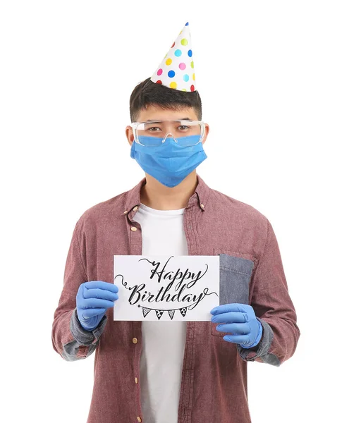 Asian Man Protective Mask Birthday Party Hat Greeting Card White — Stock Photo, Image