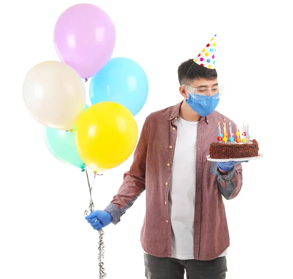 Asian Man Protective Mask Party Decor Birthday Cake White Background — Stock Photo, Image