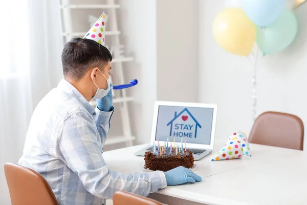 Asian Man Laptop His Birthday Home Concept Epidemic — Stock Photo, Image