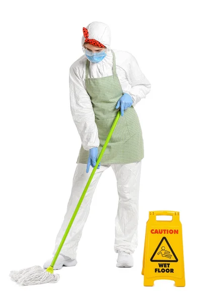 Housewife Protective Costume Mop Caution Sign White Background — Stock Photo, Image