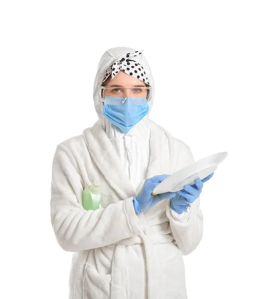 Housewife Protective Costume Cleaning Supplies Plate White Background — Stock Photo, Image