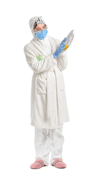 Housewife Protective Costume Cleaning Supplies Plate White Background — Stock Photo, Image