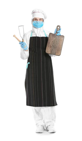 Housewife Protective Costume Kitchen Utensils White Background — Stock Photo, Image