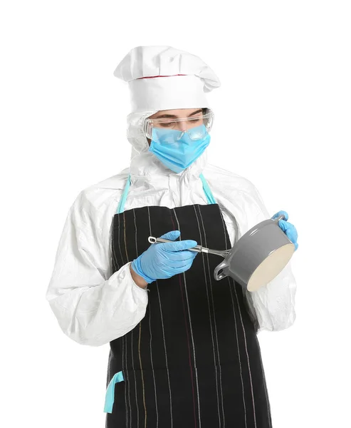 Housewife Protective Costume Kitchen Utensils White Background — Stock Photo, Image