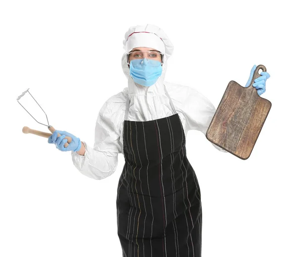 Housewife Protective Costume Kitchen Utensils White Background — Stock Photo, Image