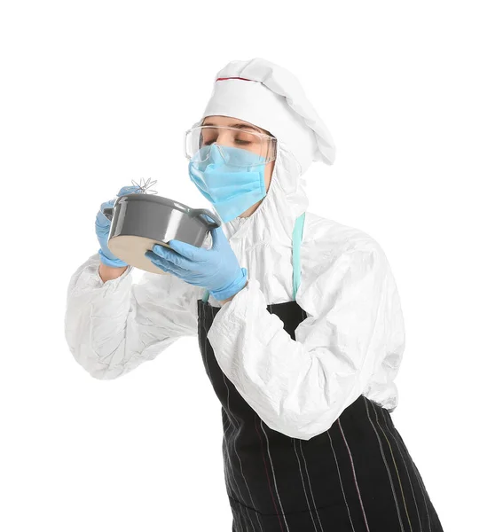 Νοικοκυρά Προστατευτική Ενδυμασία Και Μαγειρικά Σκεύη Λευκό Φόντο — Φωτογραφία Αρχείου
