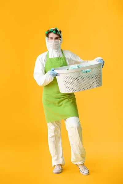 Housewife Protective Costume Laundry Color Background — Stock Photo, Image