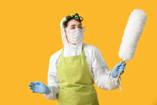 Housewife Protective Costume Dust Brush Color Background — Stock Photo, Image