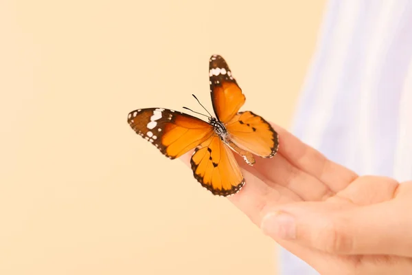 Woman Beautiful Butterfly Closeup — Stock Photo, Image