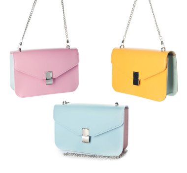 Beyaz arkaplanda farklı tarz çantalar