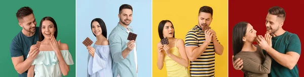 Colagem Com Belo Casal Jovem Comendo Chocolate Saboroso Fundo Colorido — Fotografia de Stock