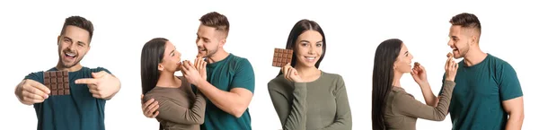 Collage Beautiful Young Couple Eating Tasty Chocolate White Background — Stock Photo, Image