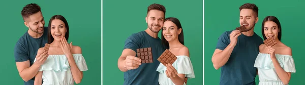 美しい若いカップルとコラージュ色の背景においしいチョコレートを食べる — ストック写真