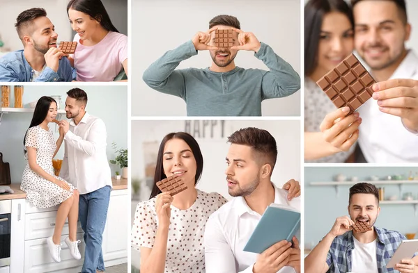 Collage Photos Beautiful Young Couple Eating Tasty Chocolate — Stock Photo, Image