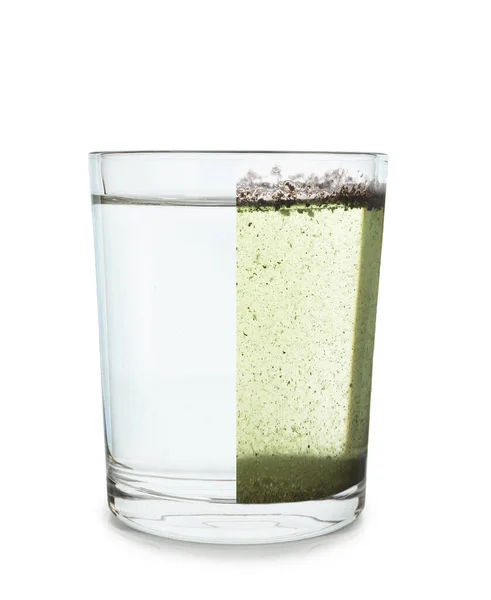 Clean and dirty water in glass on white background