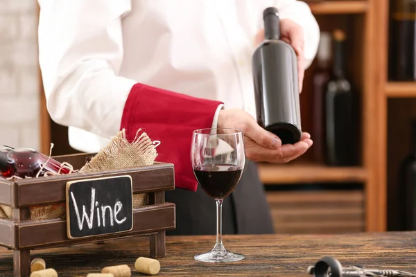 Man Bottle Glass Tasty Wine Cellar — Stock Photo, Image