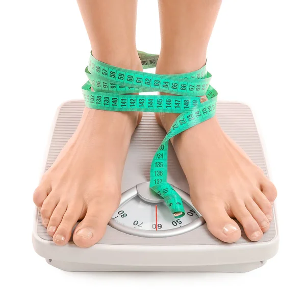 Young Woman Measuring Her Weight White Background — Stock Photo, Image