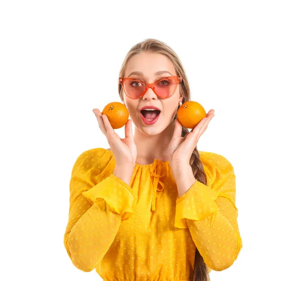 Young Woman Tangerines White Background Diet Concept — Stock Photo, Image