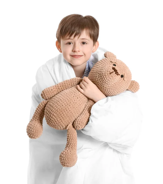 Маленький Мальчик Завернутый Одеяло Игрушкой Белом Фоне — стоковое фото