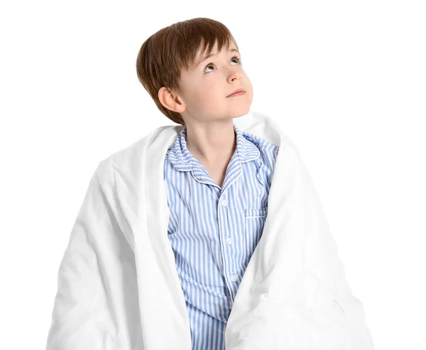 小男孩裹着毛毯 背景是白的 — 图库照片