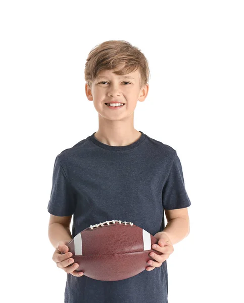 Niedlicher Kleiner Junge Mit Rugby Ball Auf Weißem Hintergrund — Stockfoto