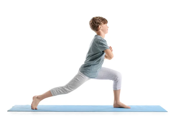 Cute Little Boy Practicing Yoga White Background — Stock Photo, Image