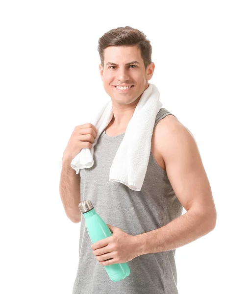 Sportlicher Junger Mann Mit Wasser Auf Weißem Hintergrund — Stockfoto