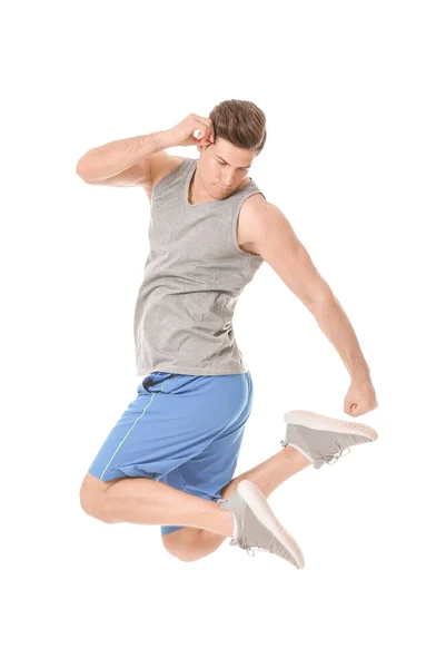 Sporty Jumping Young Man White Background — Stock Photo, Image