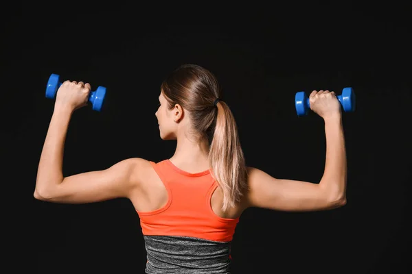 Sporty Young Woman Dumbbells Dark Background — Stock Photo, Image