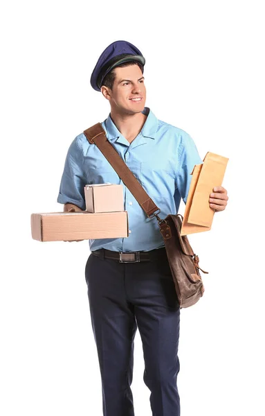 Handsome Young Postman White Background — Stock Photo, Image