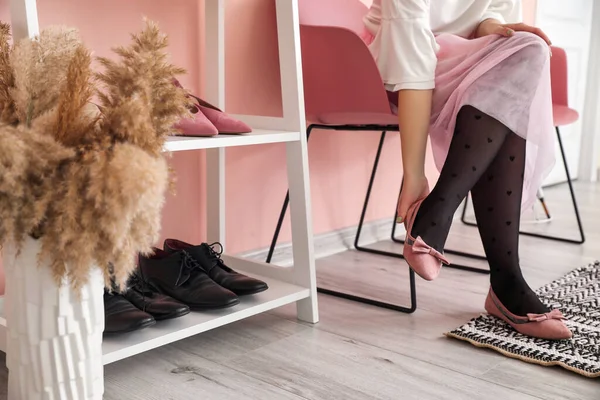 Woman Putting Stylish Shoes Hall — Stock Photo, Image