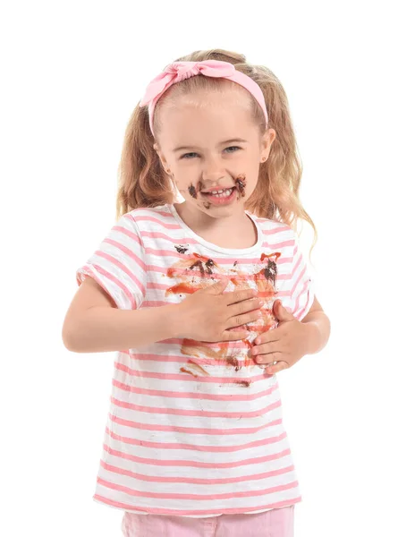 Κοριτσάκι Λεκέδες Σοκολάτας Στα Ρούχα Της Λευκό Φόντο — Φωτογραφία Αρχείου