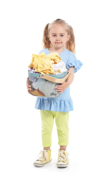 Menina Bonito Com Roupa Suja Fundo Branco — Fotografia de Stock