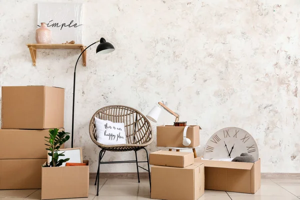 Cardboard Boxes Belongings Armchair New Flat Moving Day — Stock Photo, Image