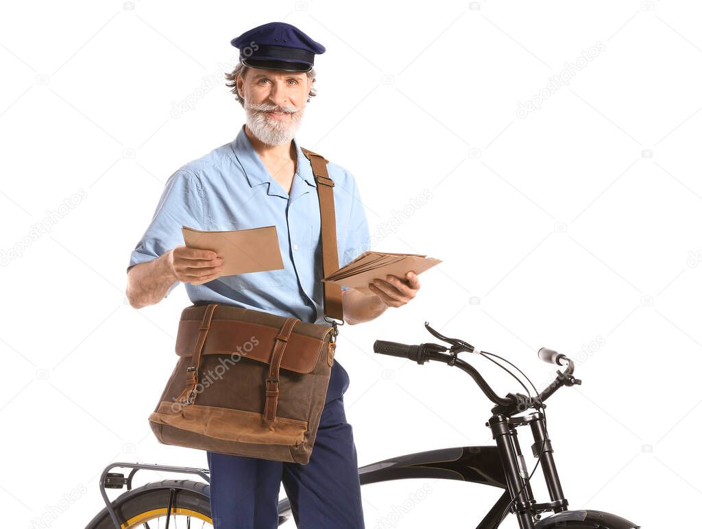 Handsome old postman with bicycle on white background